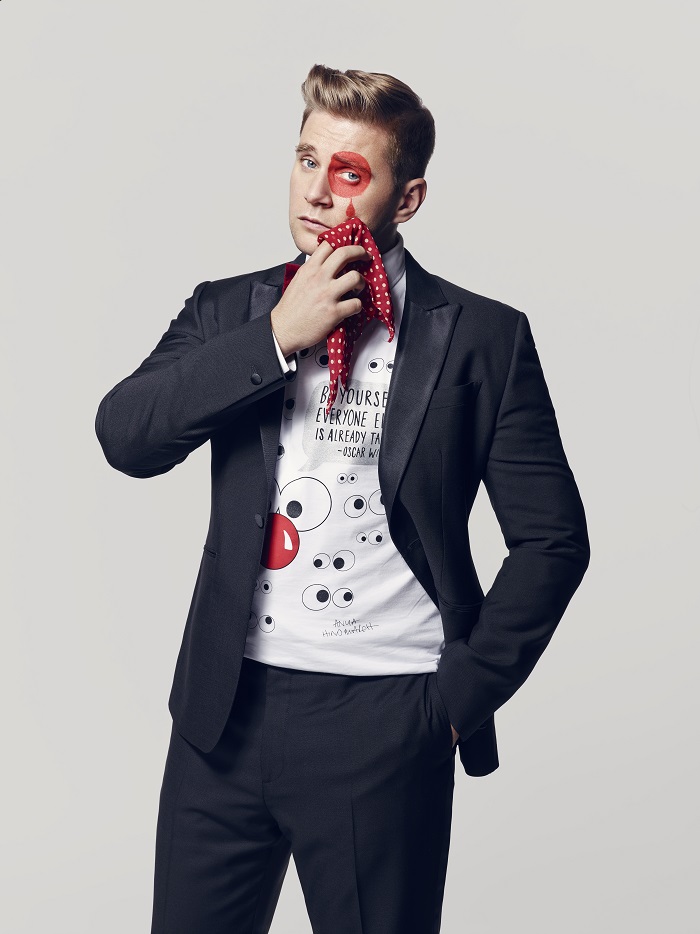 Allen Leech wearing one of the red nose day  2015 t shirts at tk maxx