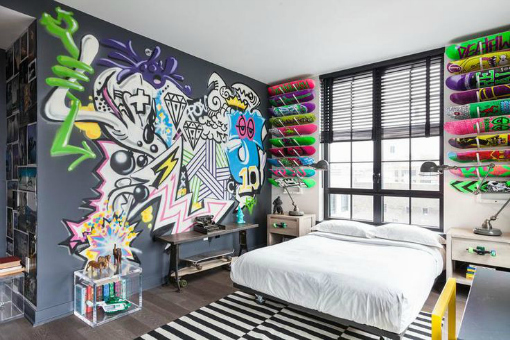 Teen Room Ideas, Grey, Graffiti, White Bed, Skateboard Walls 
