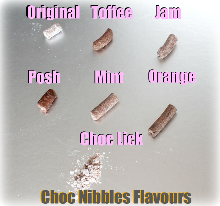 Choc Nibbles Every Flavour on one board with description