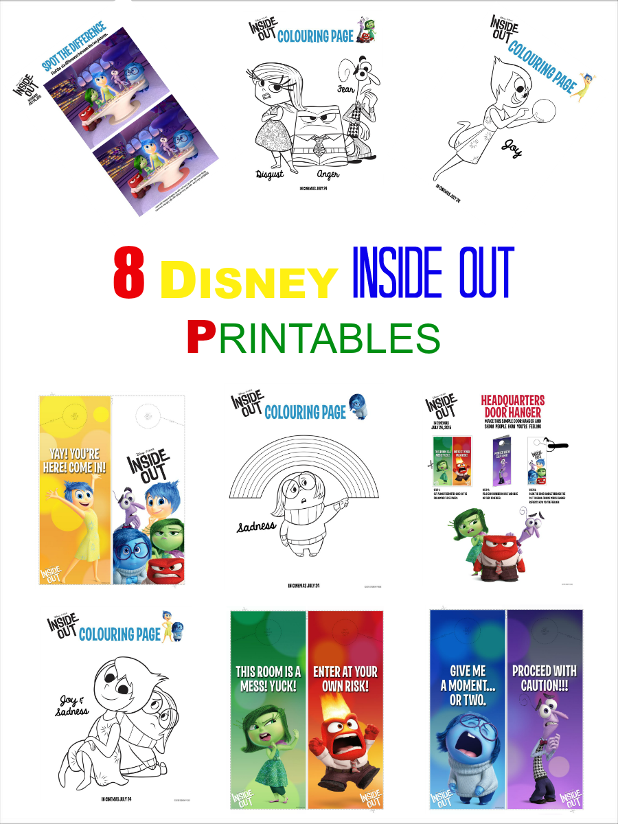 8 Disney Inside out printables, door hanger, activity sheets,colouring pages